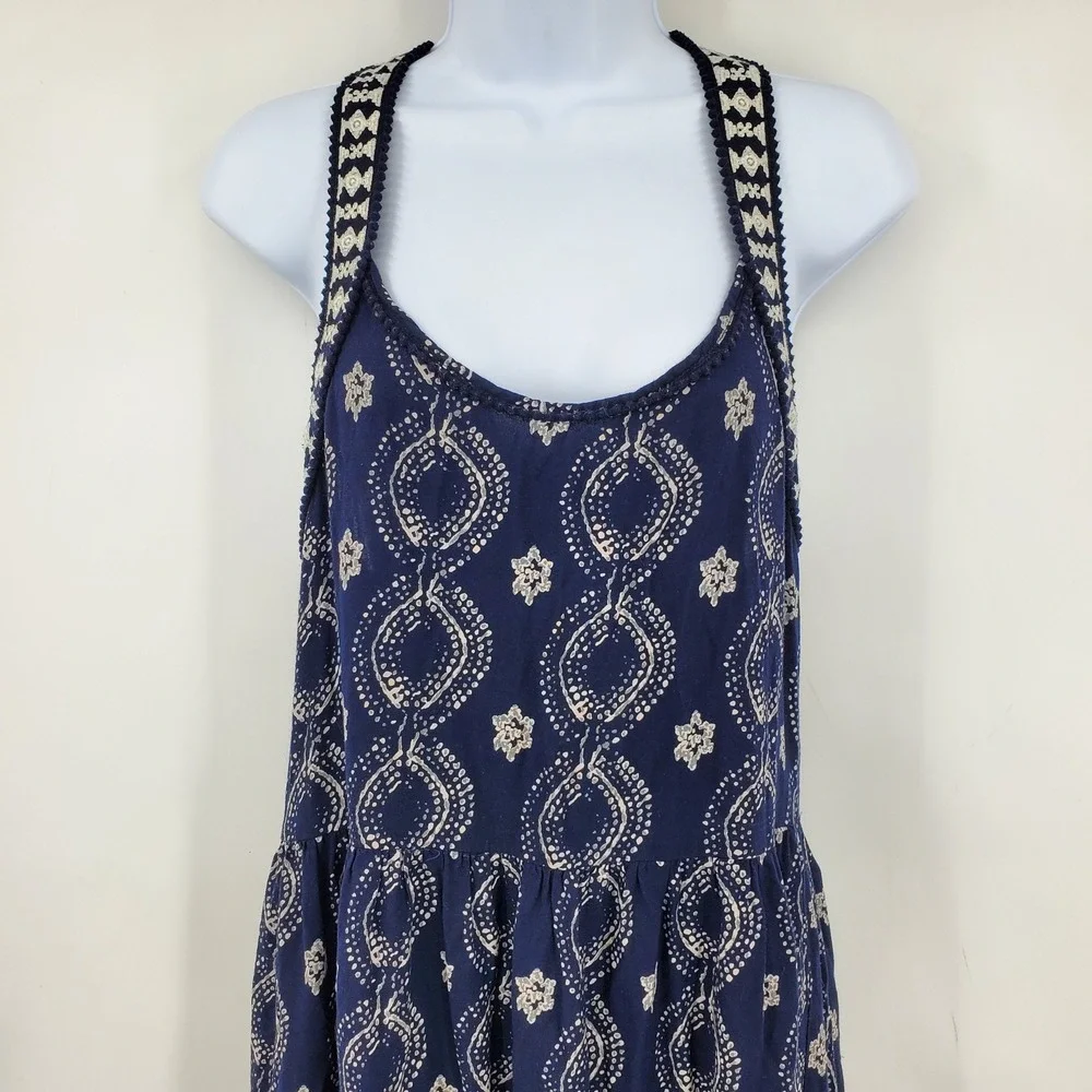 Abercrombie & Fitch Navy Blue Printed Tiered T-Back Maxi Dress Med Boho Cottage